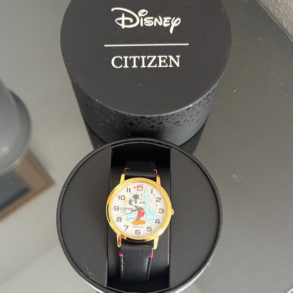 Citizen Men's Black Leather Strap Watch with Gold Case and Mickey Dial